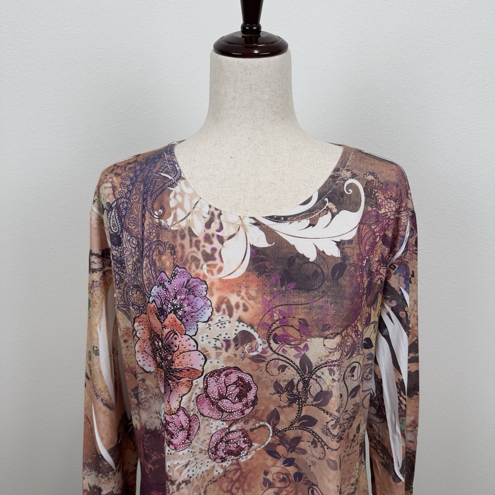 Jess & Jane‎ Top Womens XL Pink Brown Embellished Colorful Artsy Boho Asymmetric - Picture 2 of 13